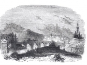 Απεικόνιση της Λάρισας στην περιοχή της γέφυρας και του Λόφου της Ακρόπολης.  Χαρακτικό των μέσων του 19ου αιώνα
