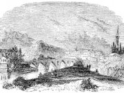 Η γέφυρα της Λάρισας. Αριστερά ο τεκές των Μεβλεβήδων και δεξιά το τζαμί του Χασάν μπέη. Πίσω ο κωνικός όγκος της Όσσας. Χαρακτικό του 1841 από το περιοδικό «The Saturday magazine».