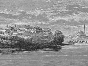Ο Λόφος της Ακρόπολης και η γέφυρα του Πηνειού. Χαρακτικό δημοσιευμένο στο περ. &quot;Le Tour Du Monde&quot; το 1887.