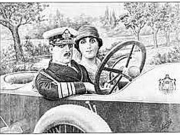 Ο βασιλιάς Αλέξανδρος με τη σύζυγό του Ασπασία Μάνου  στο βασιλικό σπορ αυτοκίνητο. Χαρακτικό εποχής.