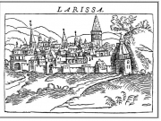 LARISSA. Η παλαιότερη άποψη της Λάρισας που έχει εντοπισθεί μέχρι σήμερα,  έτσι όπως την φαντάστηκε ο χαράκτης. Nicolaus Gerbelius , 1545.