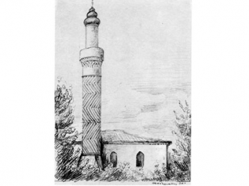 Το Μπουρμαλί τζαμί με τον ιδιόμορφο μιναρέ του. Σχέδιο του Αγήνορα Αστεριάδη. Από το λεύκωμα «Λάρισα», εικ. 11. Χρονολογία 1940