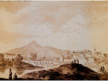 Άποψη του ποταμού Πηνειού, του όρους Όσσα  και τμήματος της Λάρισας. Υδατογραφία του William Haygarth. 1810. Ίδρυμα Αικατερίνης Λασκαρίδη.  Με το βλέμμα των περιηγητών (Travelogues). 