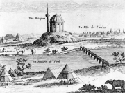 «Ένα τζαμί και η πόλη της Λάρισας». Σχηματική απεικόνιση από τη γαλλική  έκδοση του περιηγητικού βιβλίου του Edward Brown. 1674 