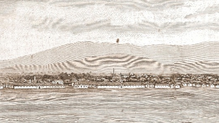 Άποψη της Λάρισας από την περιοχή του Μεζούρλου. Χαρακτικό από την εφημερίδα Le Monde Illustre των Παρισίων. Μάιος 1897, λίγα χρόνια μετά το ταξίδι του Βλάση Γαβριηλίδη (1890)