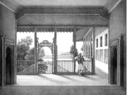 Une maison Grecque a Turnavo, en Thessalie. (Ελληνική κατοικία στον  Τύρναβο της Θεσσαλίας). Χαρακτικό του Louis Dupré[1]. Απρίλιος 1819