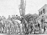 Ίλη ιππικού του ελληνικού στρατού έχει σταθμεύσει στη διασταύρωση των σημερινών οδών Βενιζέλου -31ης Αυγούστου – Αμαλίας, δίπλα από τα Ανάκτορα. Πίσω δεξιά ένα μέρος από το Γενί τζαμί. Χαρακτικό του Σουηδού Arvid Wester. 1897