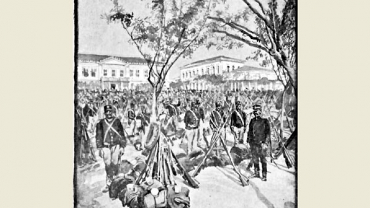Η Κεντρική Πλατεία της Λάρισας δύο ημέρες πριν την κατάληψή της από τους Τούρκους τον Απρίλιο του 1897. Χαρακτικό του Σουηδού Arvid Wester 