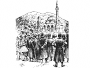 Λάρισα, παραμονές πολέμου του 1897.  Μουσουλμάνος ιερωμένος και Έλληνες στρατιώτες.  © San Francisco Call, τ. 81, φ. 159 (8 Μαΐου 1897).