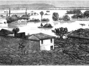 «Η εν Λαρίσση πλημμύρα, μηνί Οκτωβρίω 1883». Χαρακτικό από την περιοδική έκδοση «Έσπερος» της Λειψίας, τεύχος 64, 15/27 Δεκεμβρίου 1883. Αρχείο Φωτοθήκης Λάρισας.