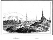 Το τζαμί του Ομέρ μπέη στη βορειοανατολική πλευρά της Λάρισας, στην περιοχή του σημερινού  Γενικού Νοσοκομείου. Αριστερά διαγράφεται ο Πηνειός και μπροστά Οθωμανικό νεκροταφείο.  Χαρακτικό από το περιηγητικό βιβλίο του Francois Pouqueville. “Grece”, Paris, 1835.