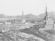 Δεξιά το τζαμί του Ομέρ μπέη. Λεπτομέρεια από λιθογραφία του von Stackelberg. 1811