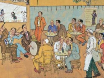 Σχηματική απεικόνιση παράστασης Καραγκιόζη τα παλαιότερα χρόνια με θεατές τούς θαμώνες καφενείου. Αριστερά ο μπερντές με τον καραγκιοζοπαίκτη και τον βοηθό του και μπροστά τα μουσικά όργανα. Θέατρο Σκιών του Σ. Σπαθάρη. 1944