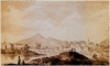 Άποψη του ποταμού Πηνειού, του όρους Όσσα  και τμήματος της Λάρισας. Υδατογραφία του William Haygarth. 1810. Ίδρυμα Αικατερίνης Λασκαρίδη.  Με το βλέμμα των περιηγητών (Travelogues). 