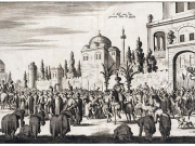 Λάρισα. Η πομπώδης έξοδος του Σουλτάνου από το προσωρινό  παλάτι του προς το τζαμί για να προσευχηθεί. Χαρακτικό του 1669.